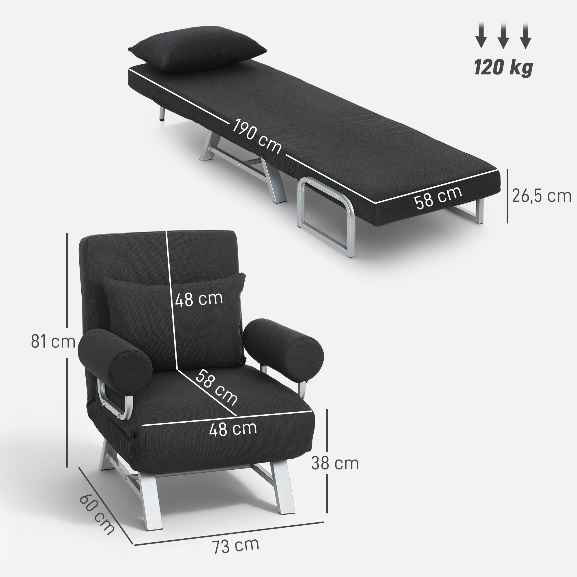 Fauteuil chauffeuse canapé-lit convertible inclinable 1 place grand confort coussin lombaires accoudoirs piètement métal lin noir