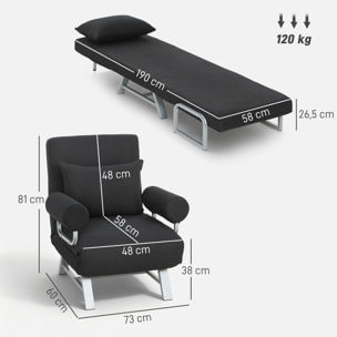 Fauteuil chauffeuse canapé-lit convertible inclinable 1 place grand confort coussin lombaires accoudoirs piètement métal lin noir