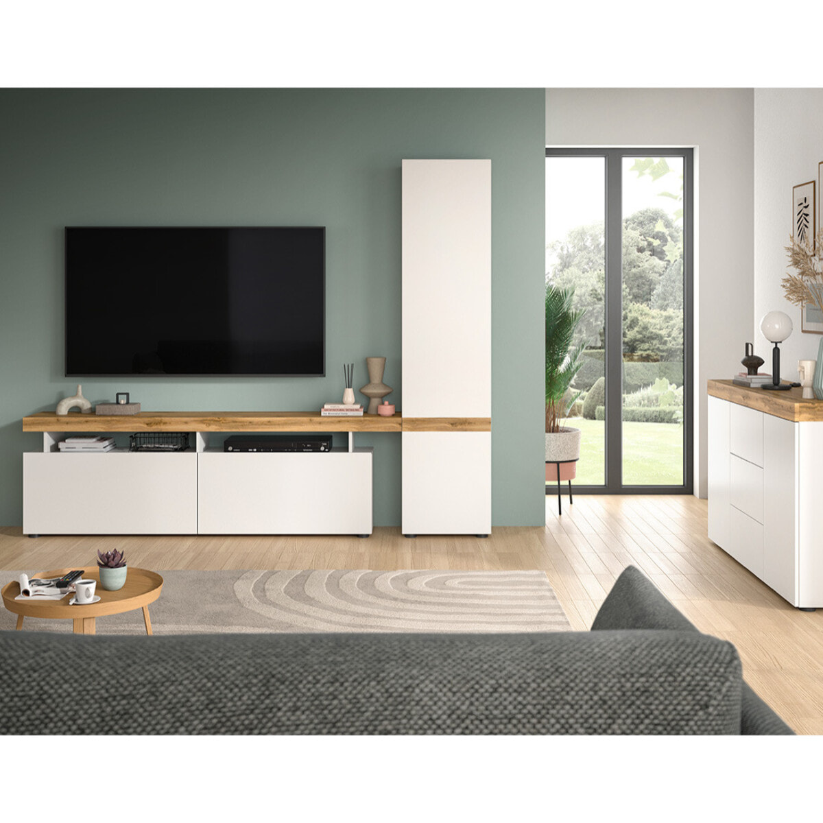 Olivier - meuble tv avec armoire - 3 portes - blanc et bois - 235x190 cm - Bois / Blanc
