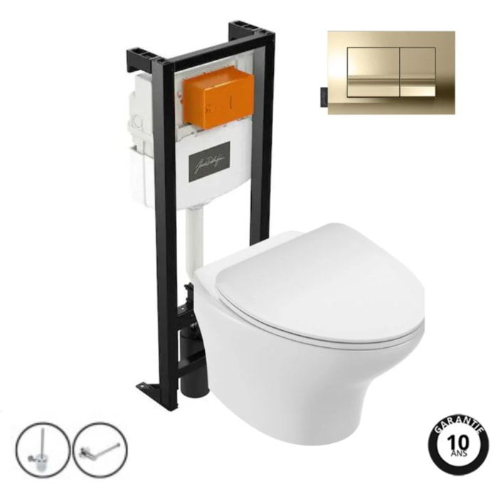 Pack WC suspendu sans bride compact Nouvelle vague+ bâti-support + plaque Or Beige + accessoires