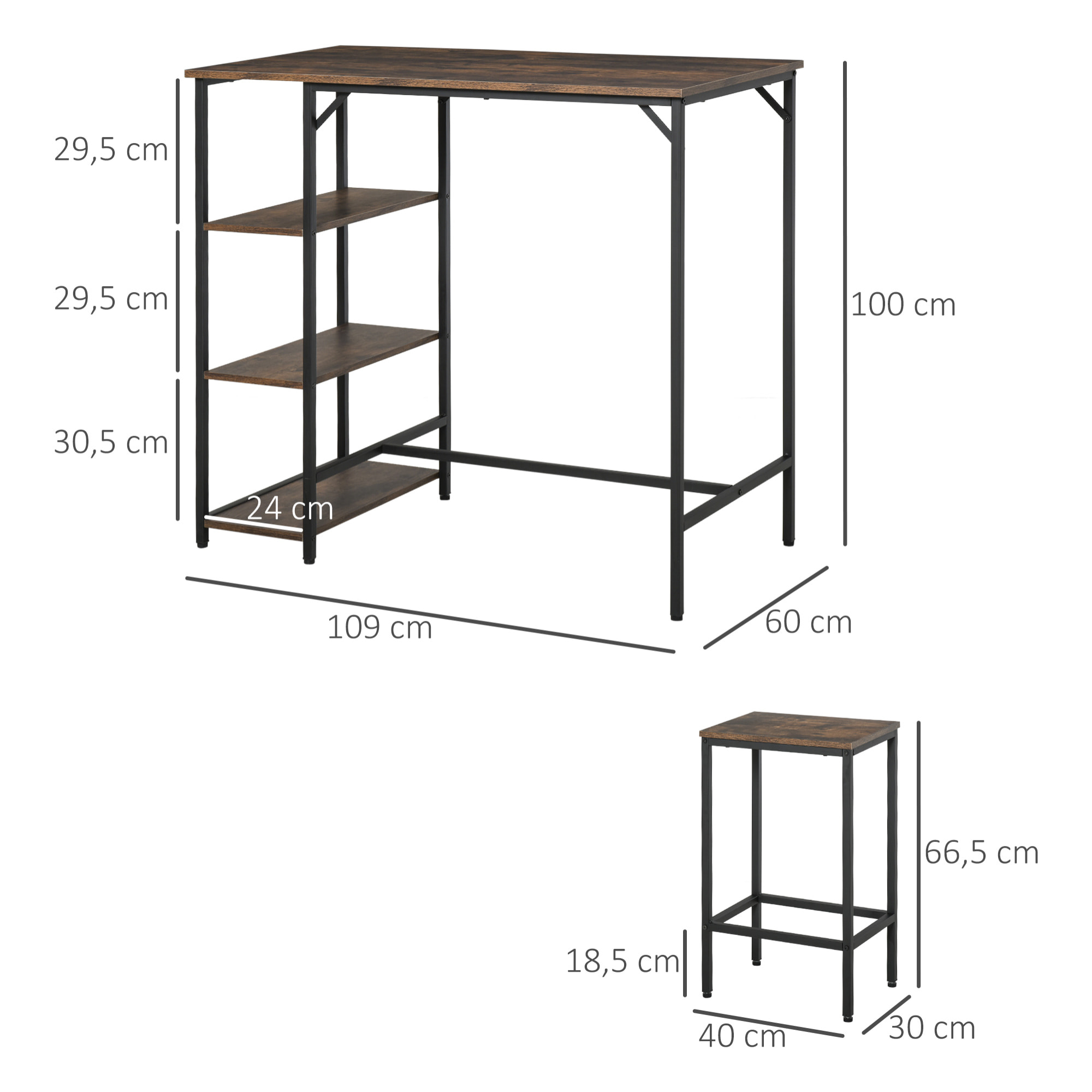 Ensemble table de bar 3 étagères 2 tabourets style industriel métal noir aspect vieux bois veinage