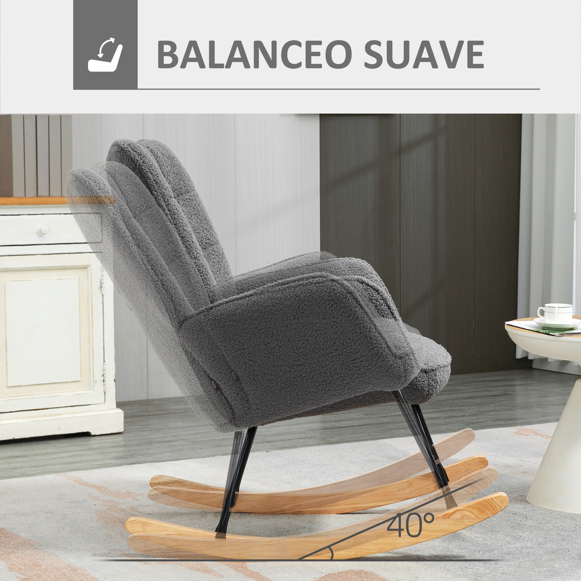 Mecedora de Borreguito Silla Mecedora con Patas de Madera de Haya y Marco de Acero Silla para Lactancia Carga 120 kg para Dormitorio Salón Gris Oscuro