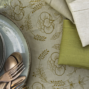 Nappe brodée en lin, PARADIS, Vert Kaki