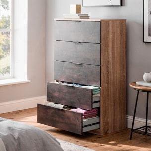Comò Alto 5 Cassetti Sinfonier Stile Industriale Comodino Mobile Contenitore Salvaspazio Moderno Camera Da Letto 110 x 60 x 40 Cm Rovere E Ossido