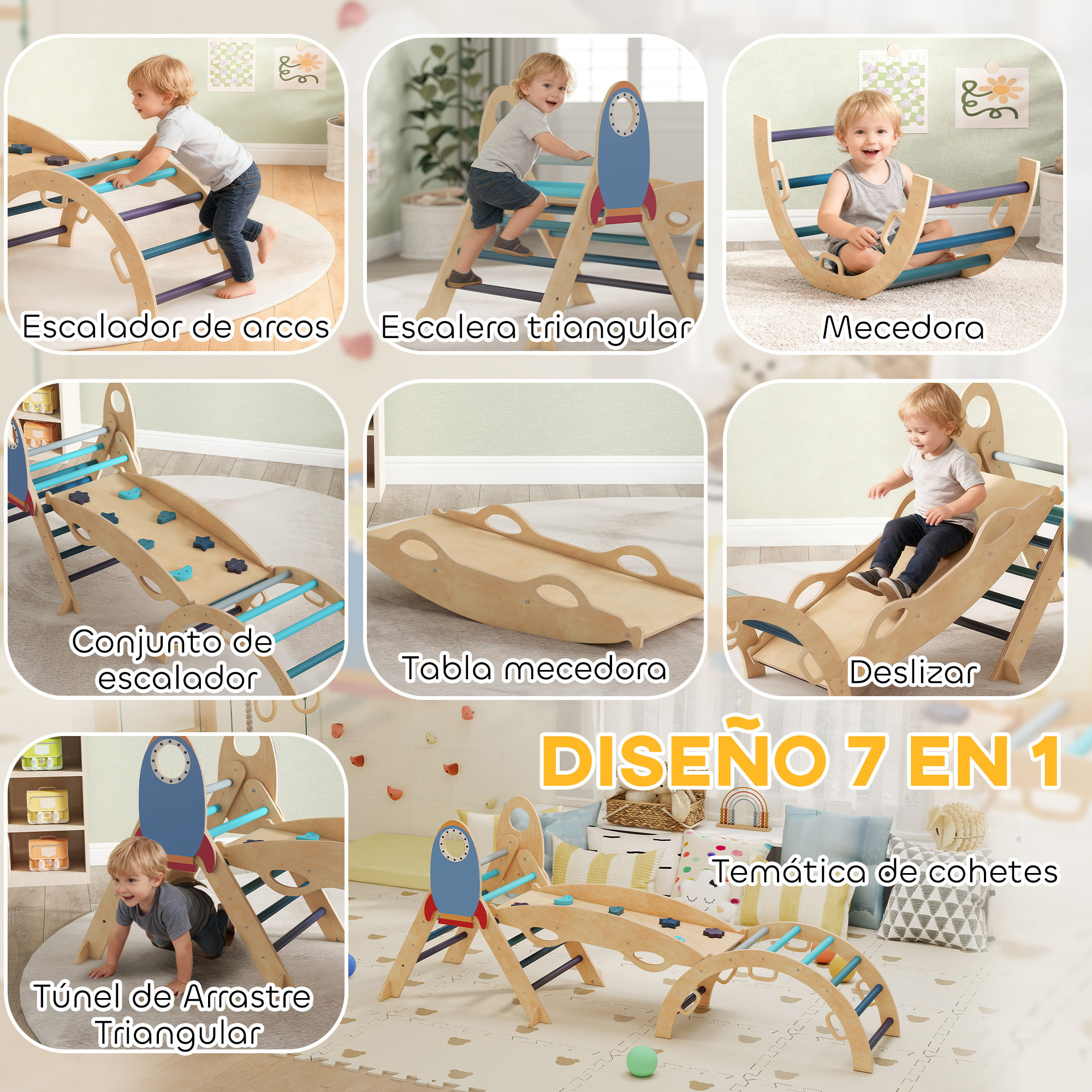 8 en 1 Triángulo de Escalada Montessori, Estructura de Escalada de Madera, Tema de Cohetes, con Arco y Rampa para Deslizarse o Escalar, para Niños de 18-48 Meses, Interiores, Azul