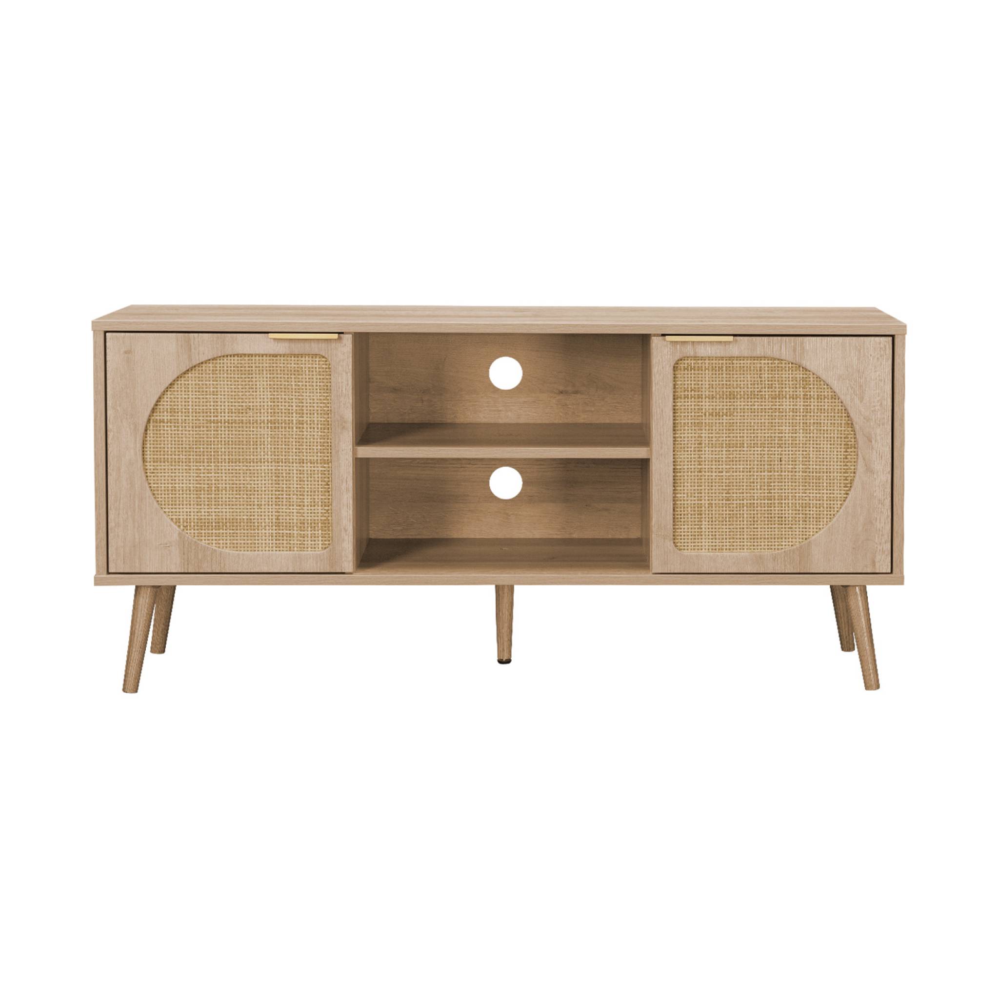 Meuble TV. Eva. décor bois et cannage arrondi 2 portes. 1 étagère L120 x l39 x H56.5cm
