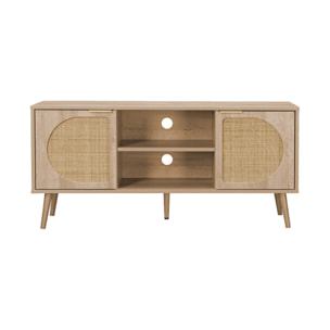Meuble TV. Eva. décor bois et cannage arrondi 2 portes. 1 étagère L120 x l39 x H56.5cm