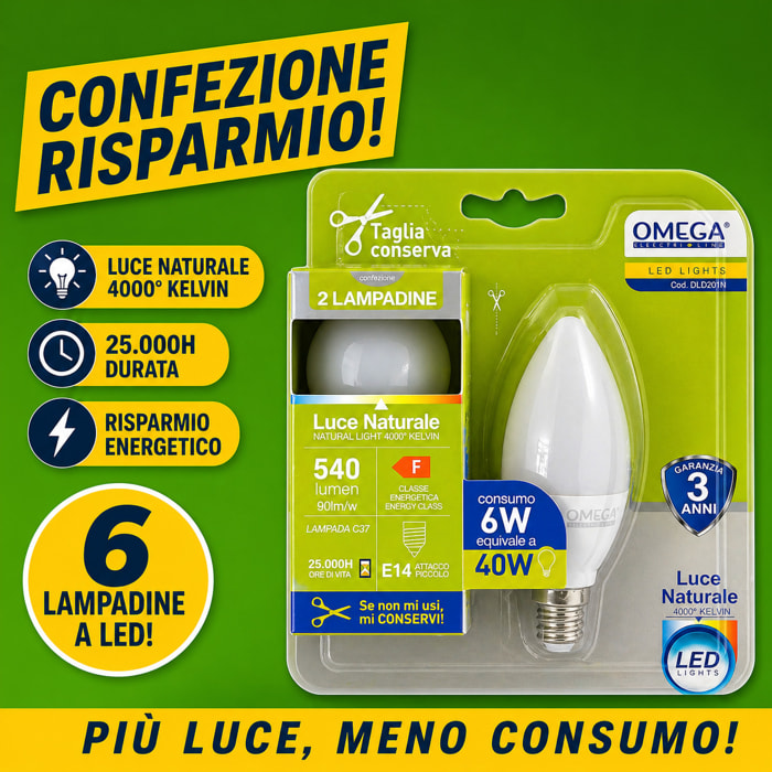 OMEGA Set 6 lampadine candela led 6W E14 4000K