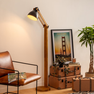 Lampadaire arc "Cuba" noir - métal & bois H158 cm