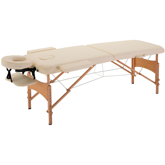 Camilla de Masaje Plegable 185x60 cm Camilla Plegable Portátil con Reposacabezas Extraíble Asa y Marco de Madera Camilla Fisioterapia con Altura Regulable y Bolsa de Transporte Crema
