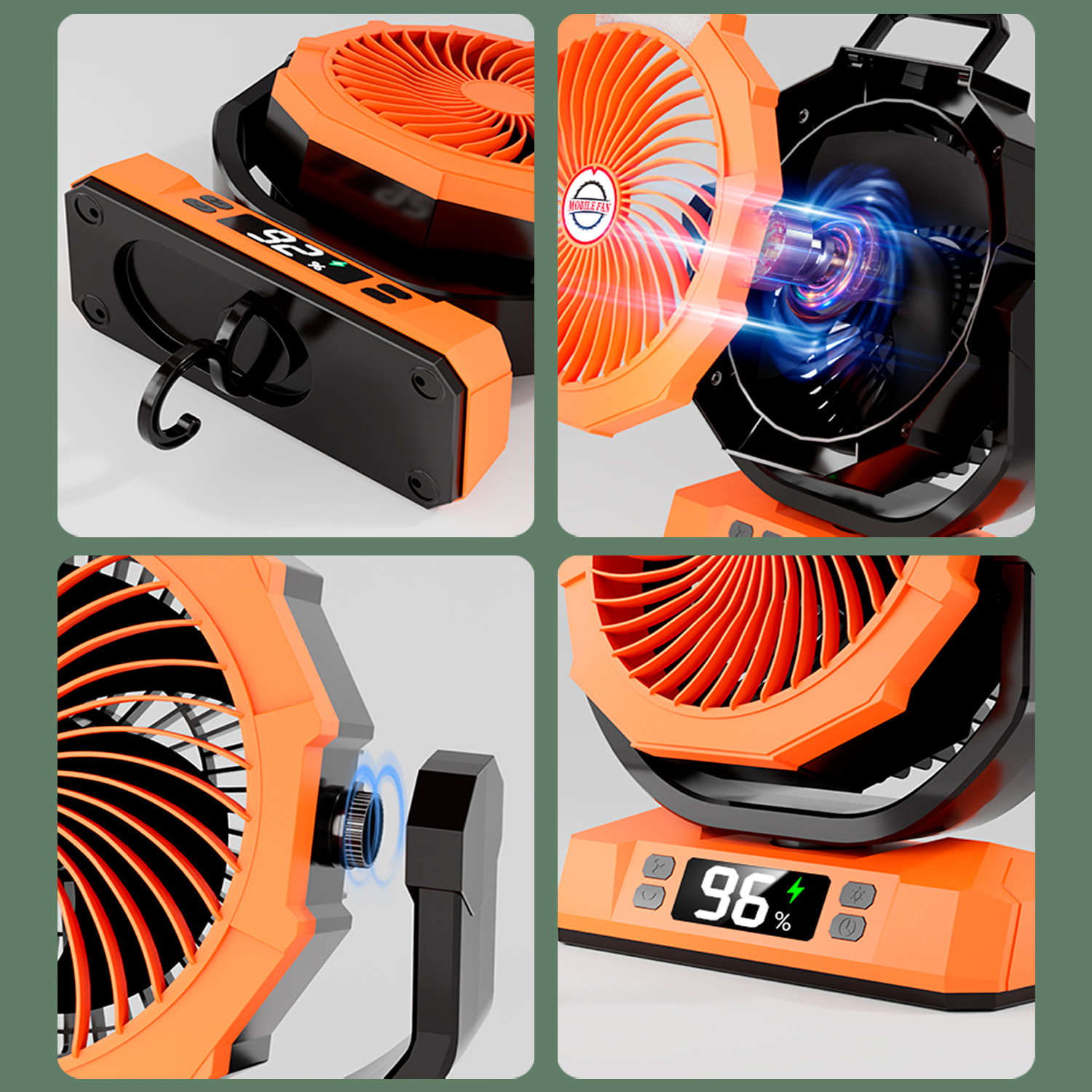 Ventilatore P50 con motore senza spazzole, LED con 9 luci, 6 velocità, 2 livelli di luce e timer. Angolo regolabile di 180º con oscillazione, gancio per appendere e powerbank da 20000 mAh.