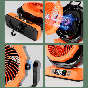 Ventilatore P50 con motore senza spazzole, LED con 9 luci, 6 velocità, 2 livelli di luce e timer. Angolo regolabile di 180º con oscillazione, gancio per appendere e powerbank da 20000 mAh.