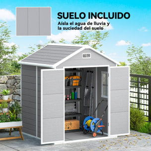 Caseta de Jardín Exterior, 2,4 m², 182x151x219 cm, Cobertizo de Jardín Exterior con Suelo, Puertas con Cerradura, Ventana y Techo Inclinado para Almacenamiento de Herramientas, Gris