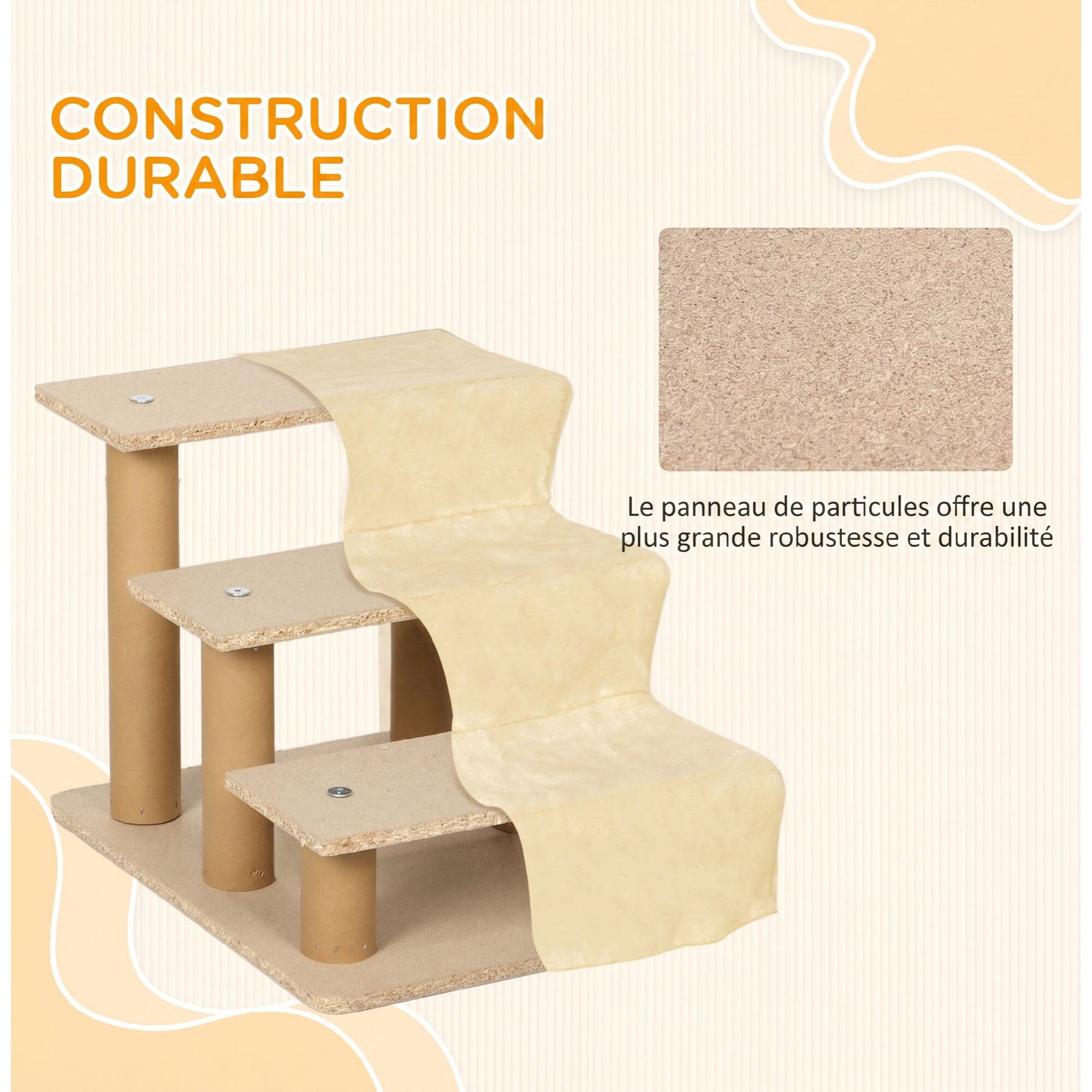Escalier pour chien à 3 marches déhoussable lavable - 46 x 35 x 35 cm - beige