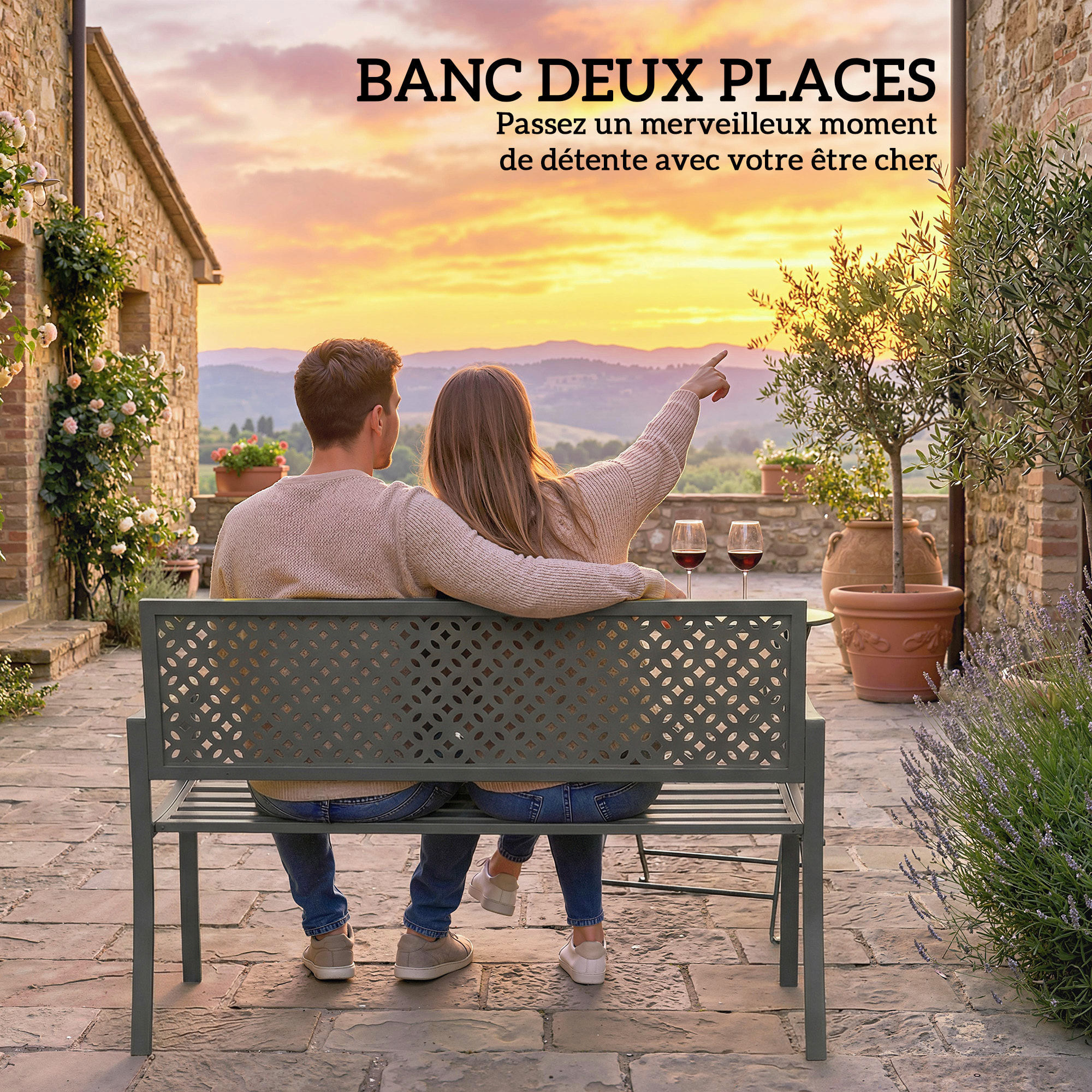 Banc de jardin dossier géométrique - avec accoudoirs - métal époxy - 2 places - gris foncé