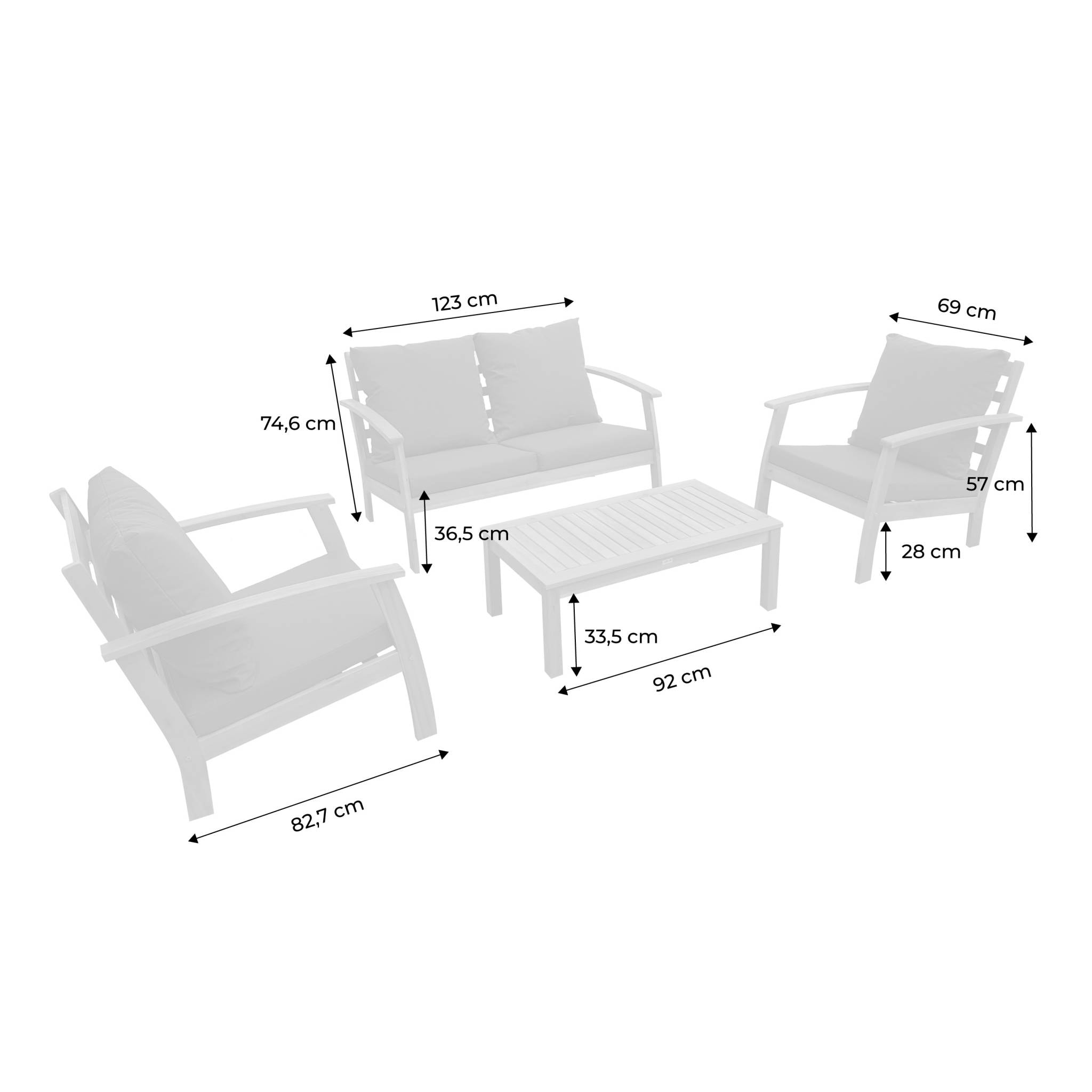 Salon de jardin en bois 4 places Coussins kaki. canapé. fauteuils et table basse en acacia. design