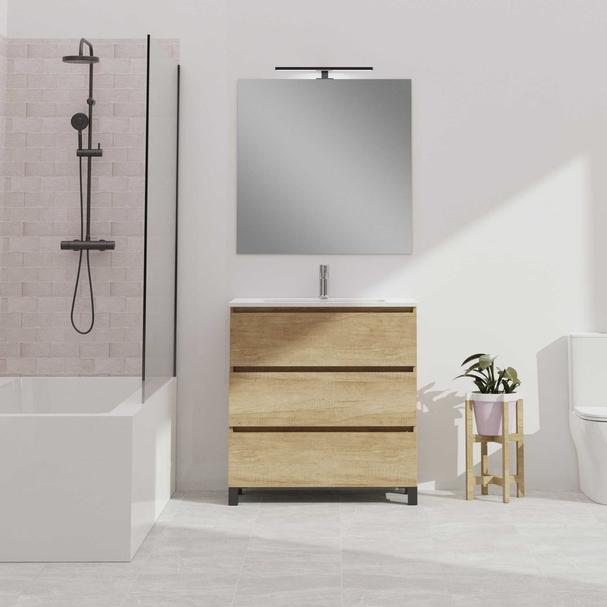 Conjunto de baño Wink | 90 cm Nature | Tres cajones | Lavabo encastrado | No incluye espejo | Mueble montado | Alday