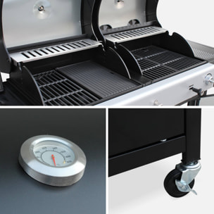 Barbecue 2 en 1 gaz et charbon, 3 brûleurs + 1 feu latéral, grill et fumoir avec tablettes et housse MARSAC AVEC HOUSSE