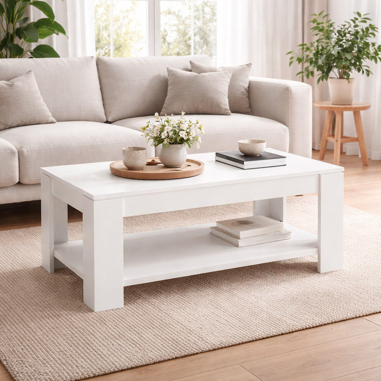 Tavolino Da Caffè Sollevabile Tavolo Da Salotto Rialzabile Salvaspazio Per Mangiare O Lavorare Dal Divano Con Piano Rialzabile 102 x 50 x 43 Cm Bianco