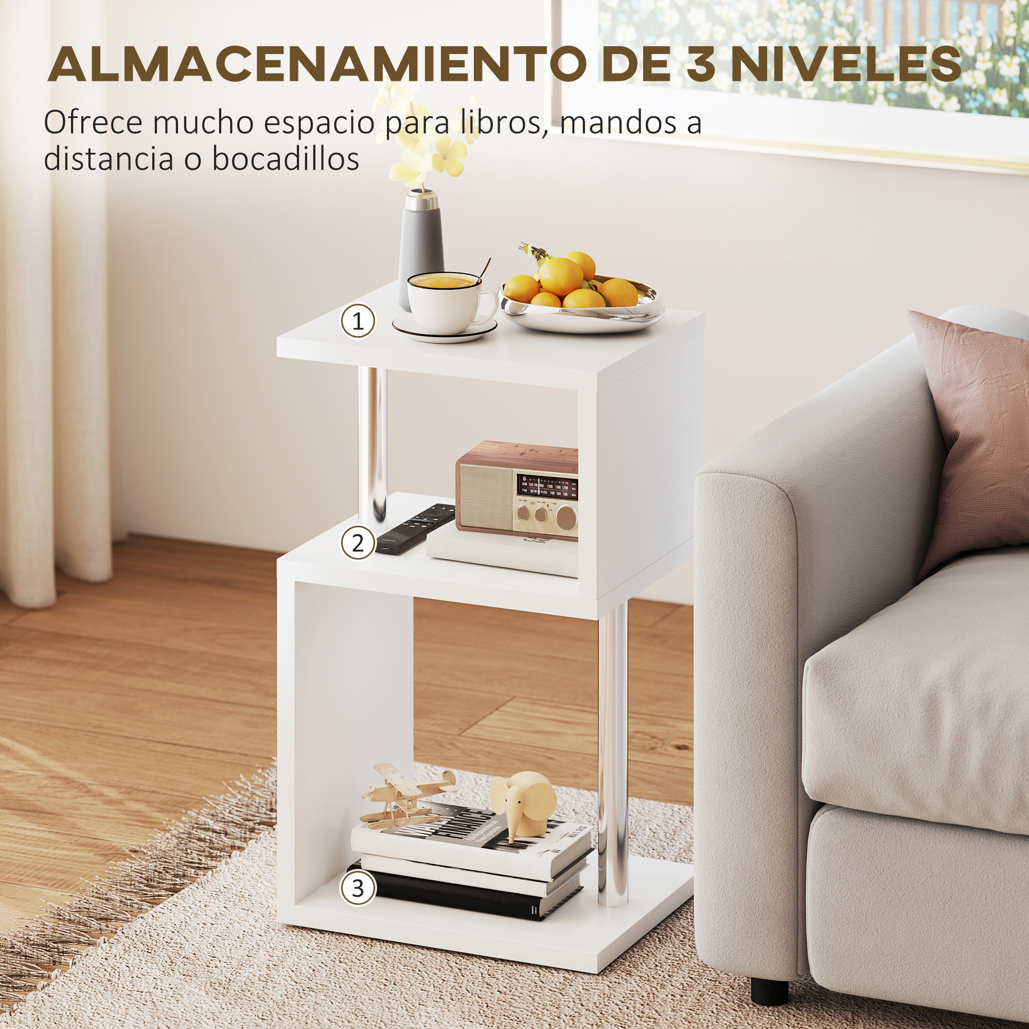 Mesa Auxiliar con Luz LED de 3 Niveles Mesita Auxiliar Moderno con Forma de S Estantes Abiertos y Estructura de Aluminio para Salón Dormitorio 44x38x75 cm Blanco Brillo