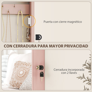 Espejo Joyero de Pared Armario para Joyas con Cerradura y Varios Compartimentos Montar en Pared o Puerta para Pendiente Collar Anillo Pulsera Rosa y Forro Beige