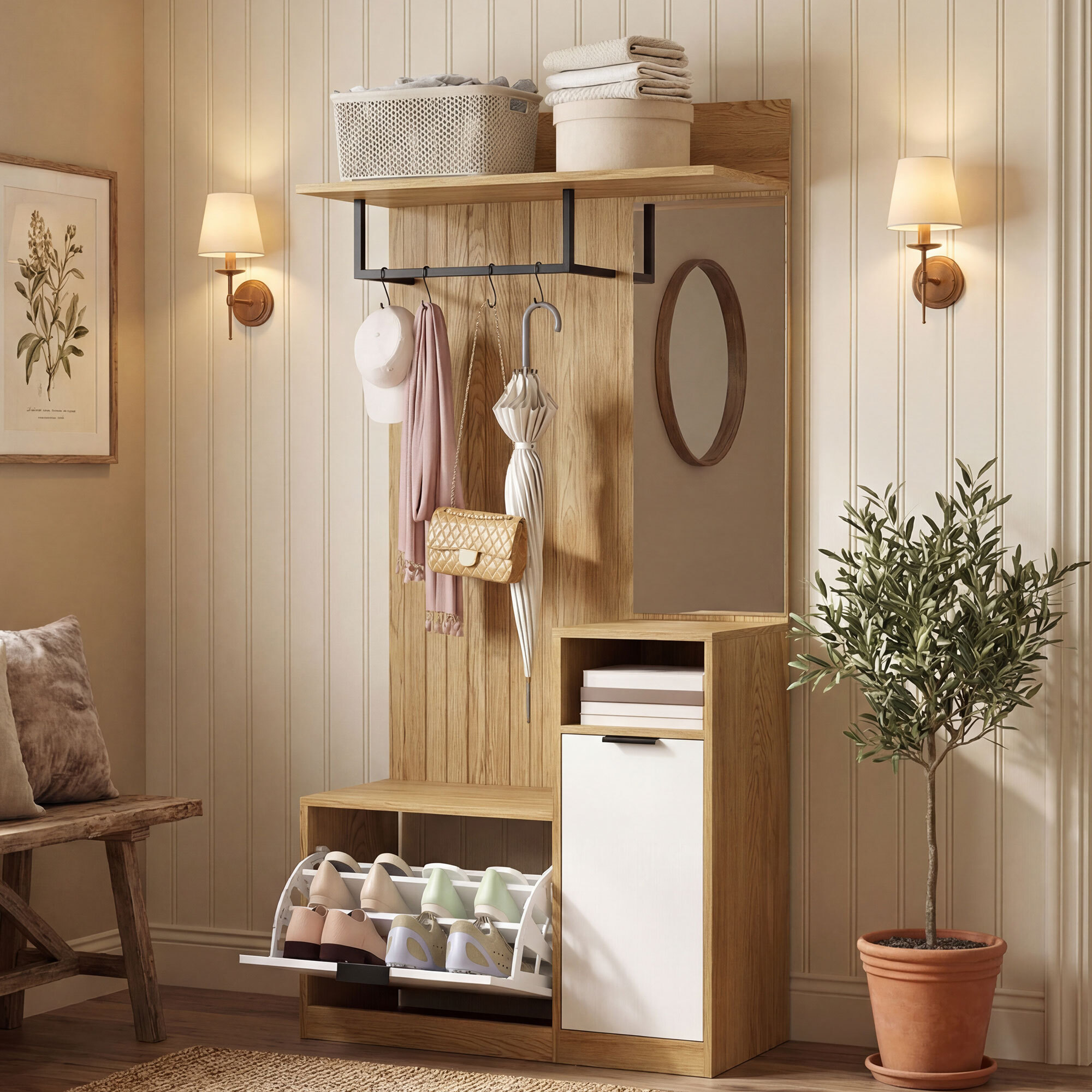 Perchero Zapatero, Perchero Entrada Recibidor con Zapatero, Espejo, Armario, Estantes Abiertos y 4 Ganchos, Estilo Moderno, para Pasillo Dormitorio, 80x36x168 cm, Roble