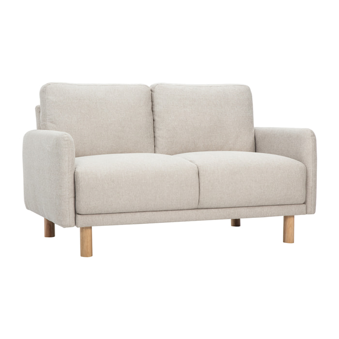 Canapé design 2 places en tissu effet velours texturé beige et bois clair BONO