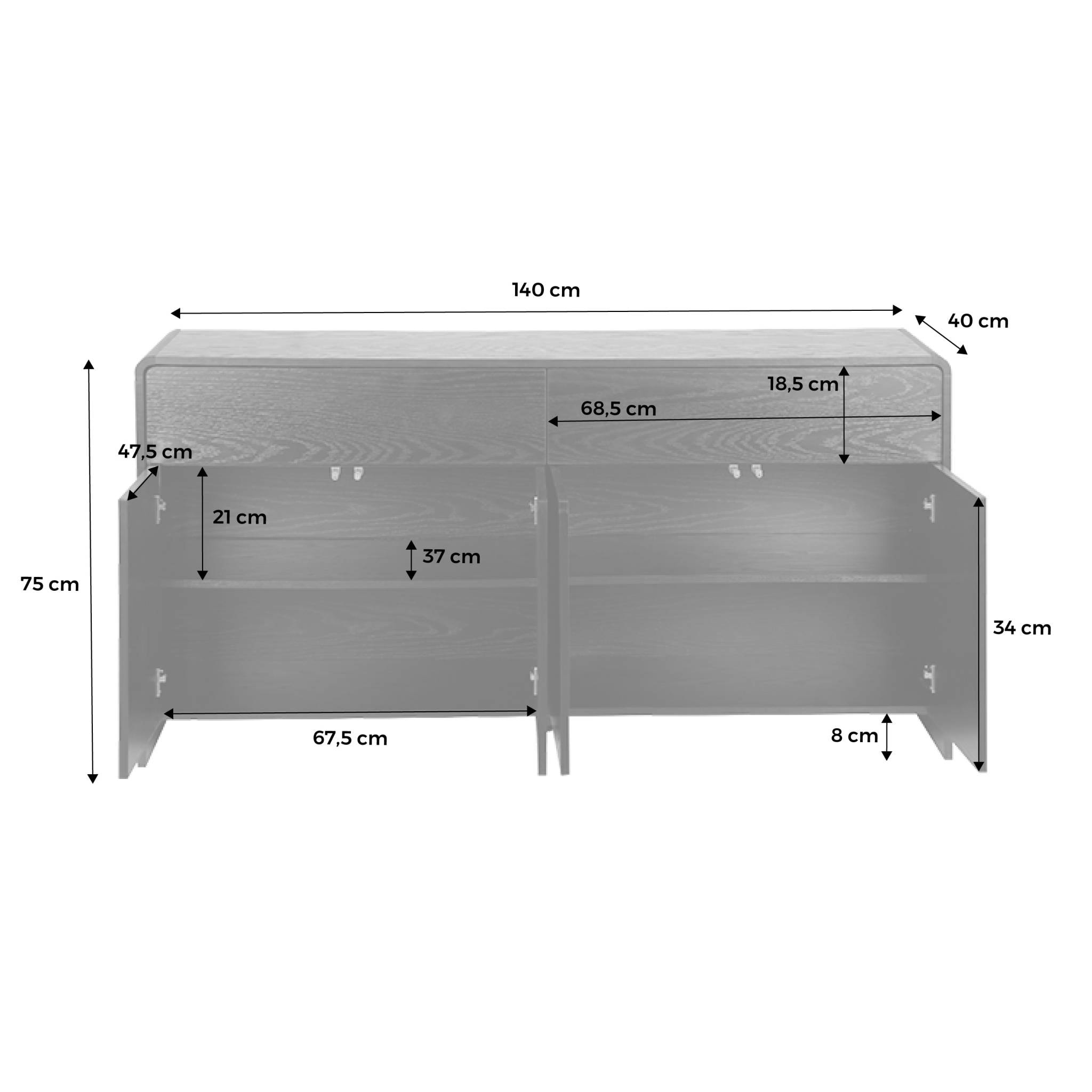 Buffet de rangement. buffet bas. 2 tiroirs 4 portes effet bois noir arrondi