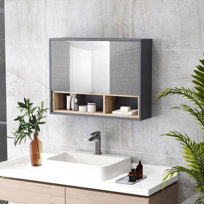 Armoire miroir de salle de bain - 3 portes, 3 étagères, 2 niches - dim. 80 x 20 x 60 cm - gris effet bois clair naturel