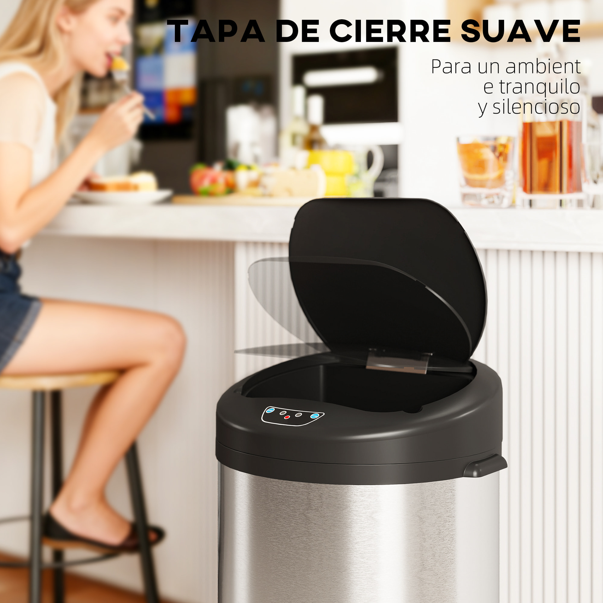 Cubo de Basura Cocina Automático 55 L, Papelera de Cocina de Acero Inoxidable con Sensor Infrarrojo, Cierre Suave y Anillo, Antihuellas, para Dormitorio, Oficina y Hogar, Plateado