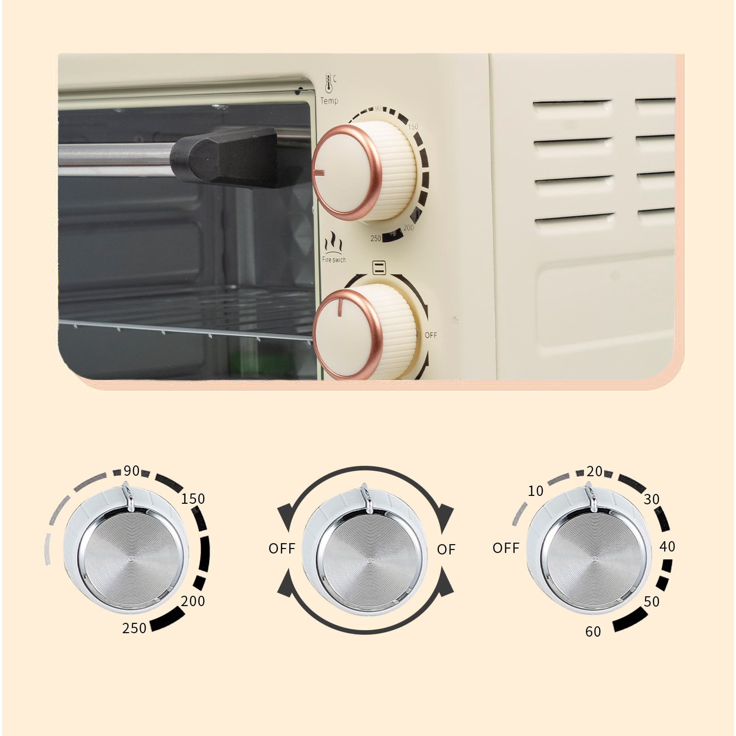 Horno eléctrico de sobremesa con 22 litros de capacidad. Panel de control mecánico y 1000W de potencia.