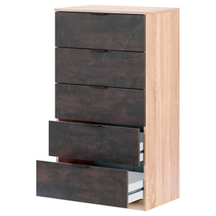 Comò Alto 5 Cassetti Sinfonier Stile Industriale Comodino Mobile Contenitore Salvaspazio Moderno Camera Da Letto 110 x 60 x 40 Cm Rovere E Ossido