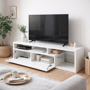 Mobile TV Con Mensola In Vetro 3 Vani A Giorno E Anta Senza Maniglie Parete Attrezzata Salotto Soggiorno Design Minimal 160 x 41 x 45 Cm Bianco