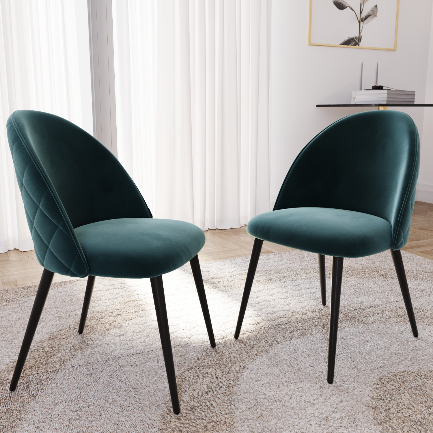 Set di 4 Sedie Imbottite Da Pranzo In Velluto Sedia Gambe In Metallo Nero Schienale Soggiorno Salotto Camera 43 x 47.5 x 80 Cm (Blu)