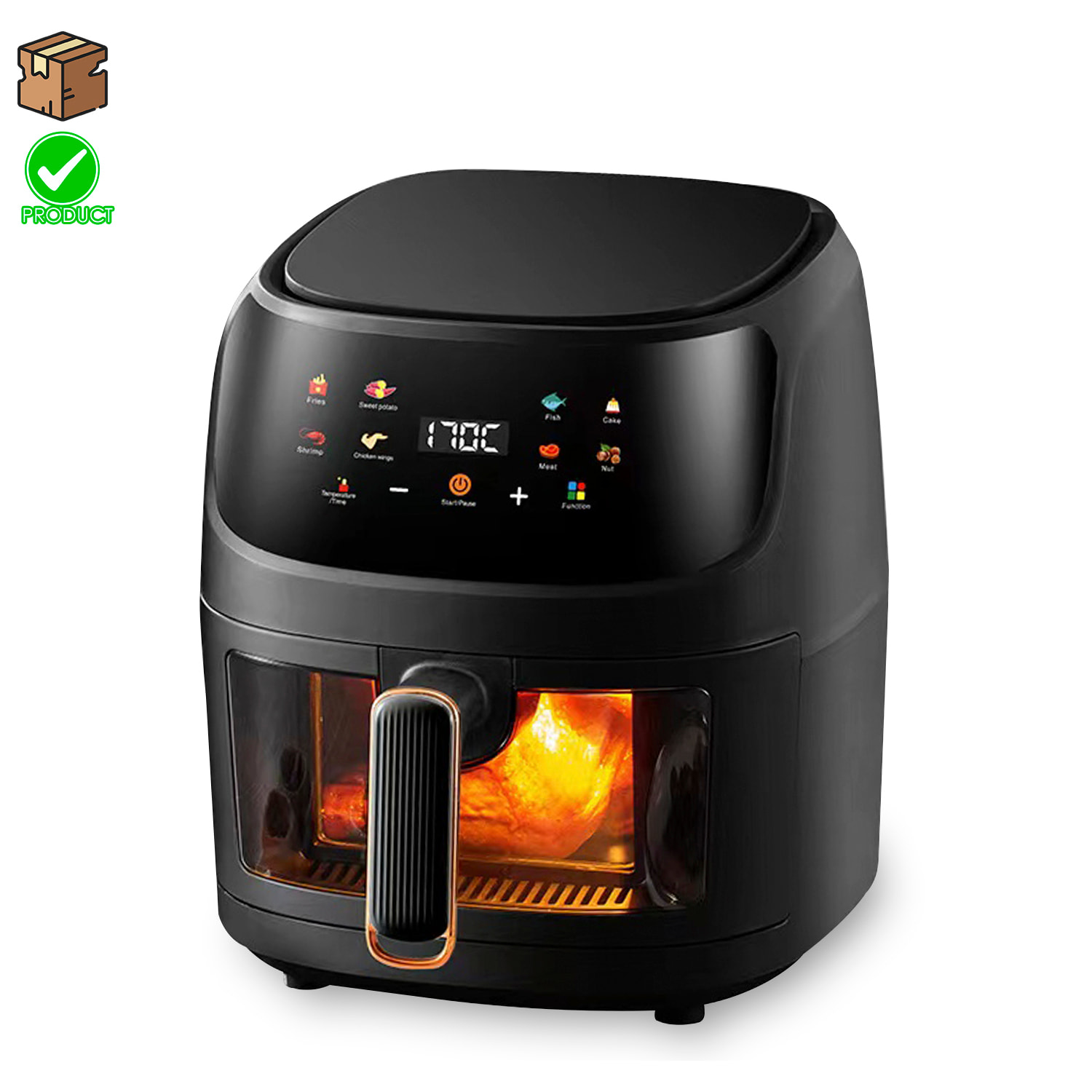 Freidora de aire 8L, 1400W, con ventanade visualización. Panel táctil, 8 programas de cocinado, modos manuales, rejilla antiadherente. PRODUCTO CON EMBALAJE DETERIORADO.