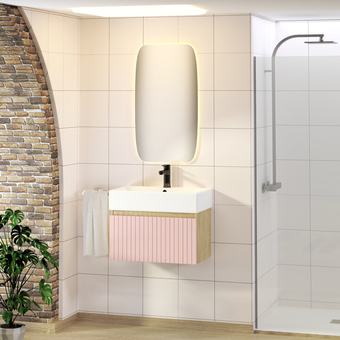 Conjunto de Baño Zel | Mueble Suspendido | 60 cm Rosa | Un Cajón | Lavabo Encastrado | No incluye Espejo | Mueble Montado| Alday