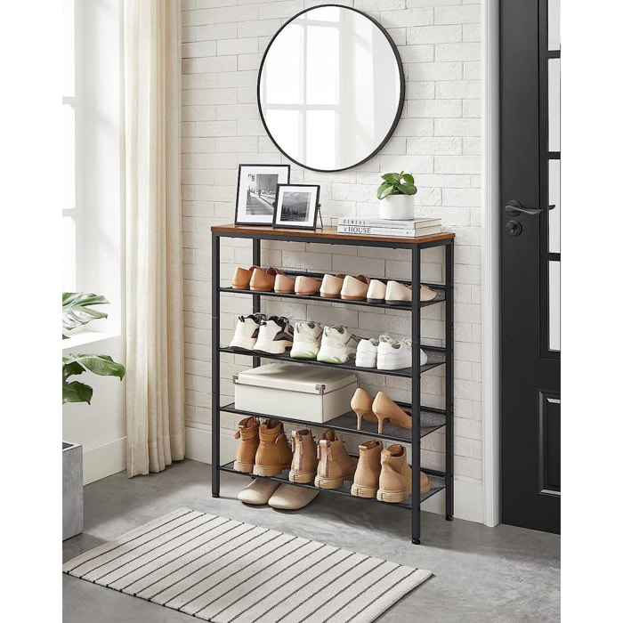 Scarpiera industriale Loft con ripiani in rete e legno
