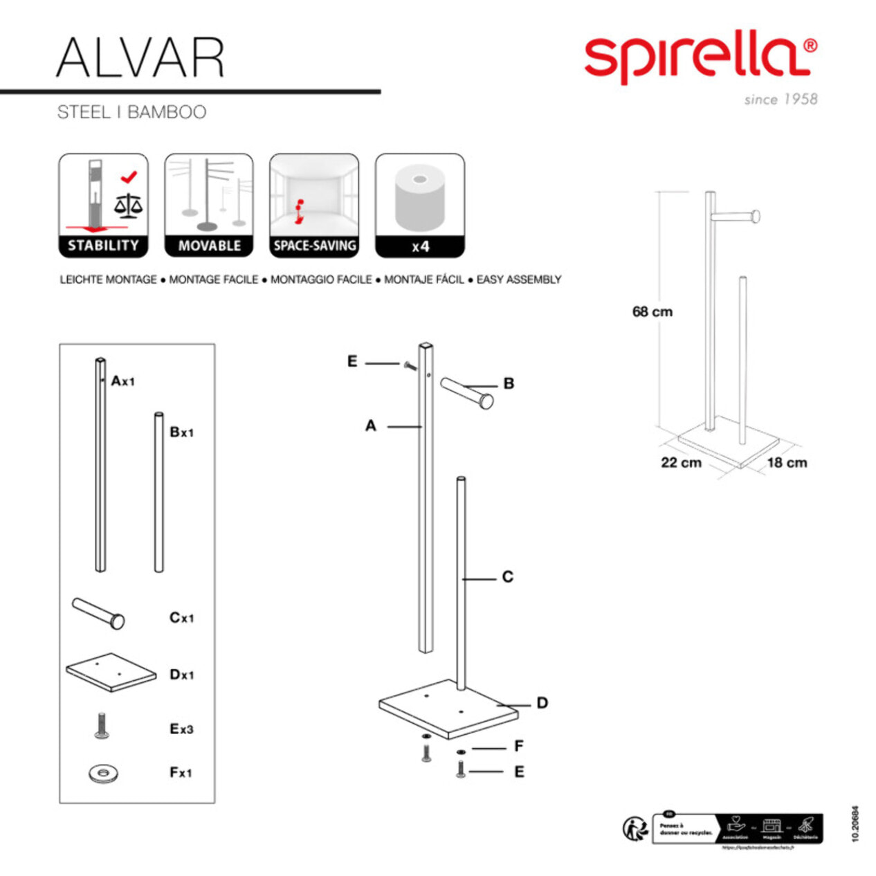 Porte Rouleau Papier Wc sur Pied  Acier & Bambou ALVAR Noir mat Spirella