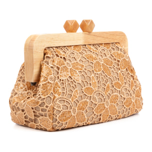 Borbera Borsa a tracolla Donna. Realizzata in legno naturale, cotone e juta con design a rete di tessuto floreale.