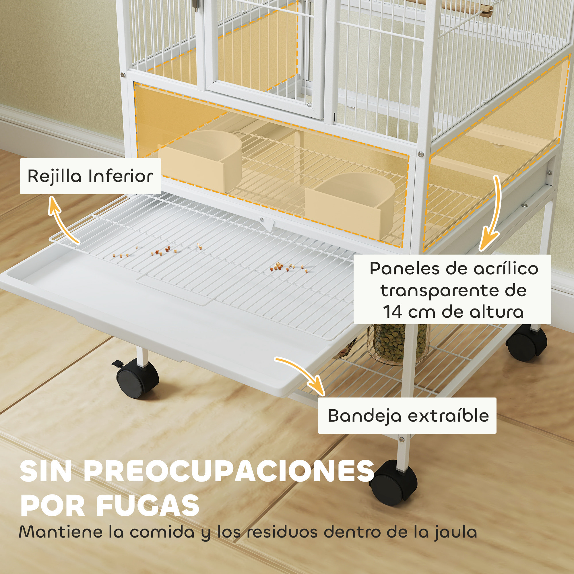 Jaula para Pájaros Jaula Grande con Ruedas Paneles Acrílicos Comederos Perchas Estante Bandejas Extraíbles Pajarera para Loros Canarios 48x46x83 cm Blanco