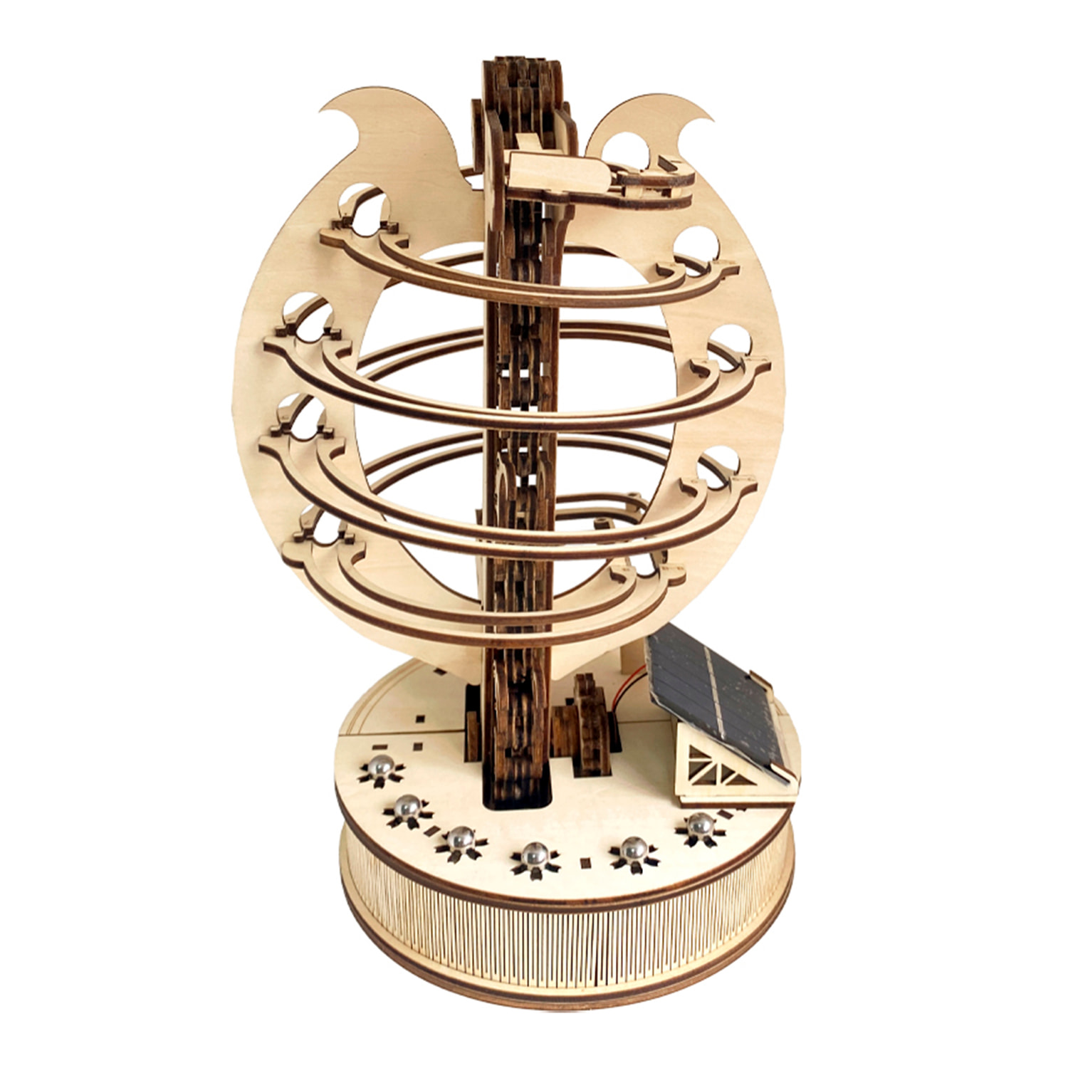 Maqueta de Madera 3D, con movimiento mecánico diseño de Pista de bolas en orbita con panel Solar.