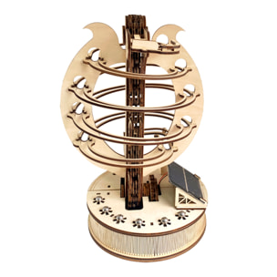Maqueta de Madera 3D, con movimiento mecánico diseño de Pista de bolas en orbita con panel Solar.