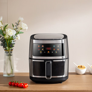 Friggitrice ad aria 8L, 1400W con finestra di visualizzazione. Pannello touch, programmi di cottura e modalità manuali, riscaldamento 3D, griglia antiaderente. Struttura in acciaio inossidabile. IMBALLAGGIO DANNEGGIATO.