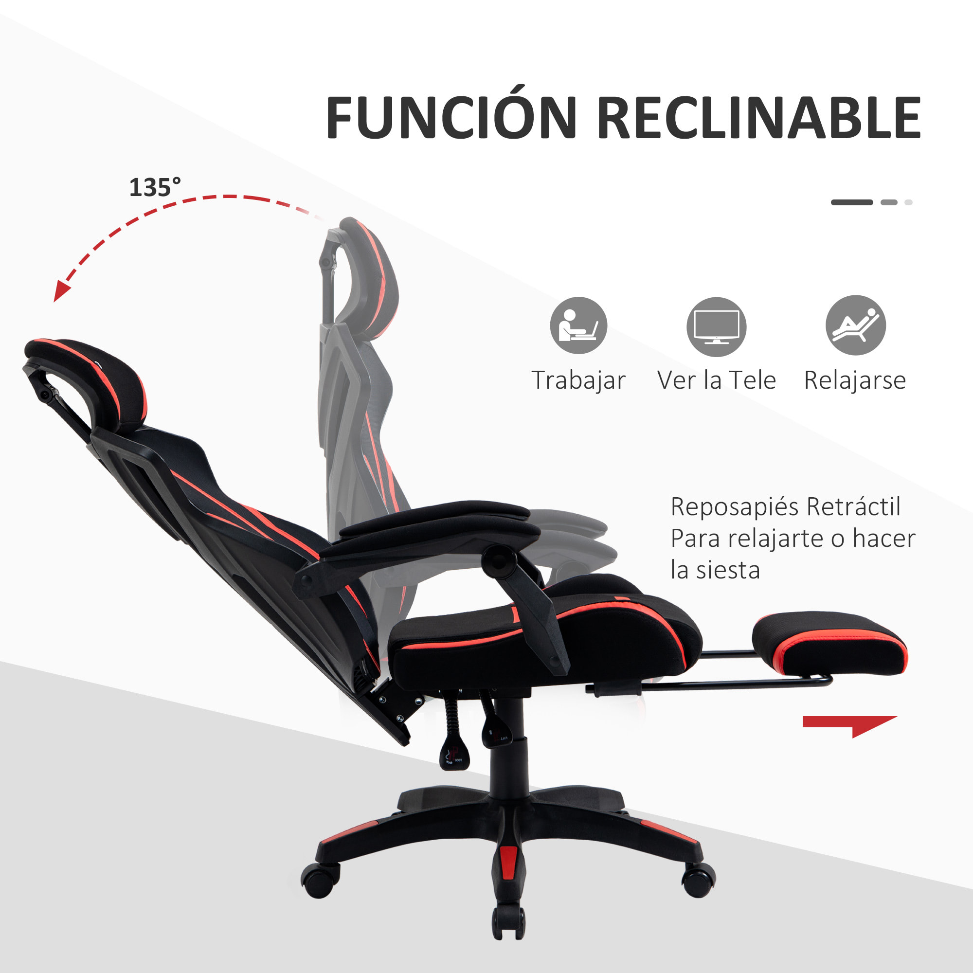 Vinsetto Silla Gaming con Reposapiés Retráctil Silla de Oficina Giratoria Reclinable con Reposacabezas y Altura Ajustable 65x65x119-129 cm Negro y Rojo