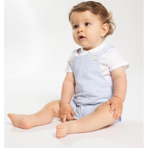 peto vichy azul, con bolsillos y tirantes cruzados.