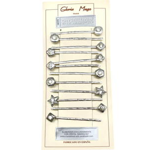 Pack 12 Horquilla surtido figuras en plata 10µ con cristales de SW cristal