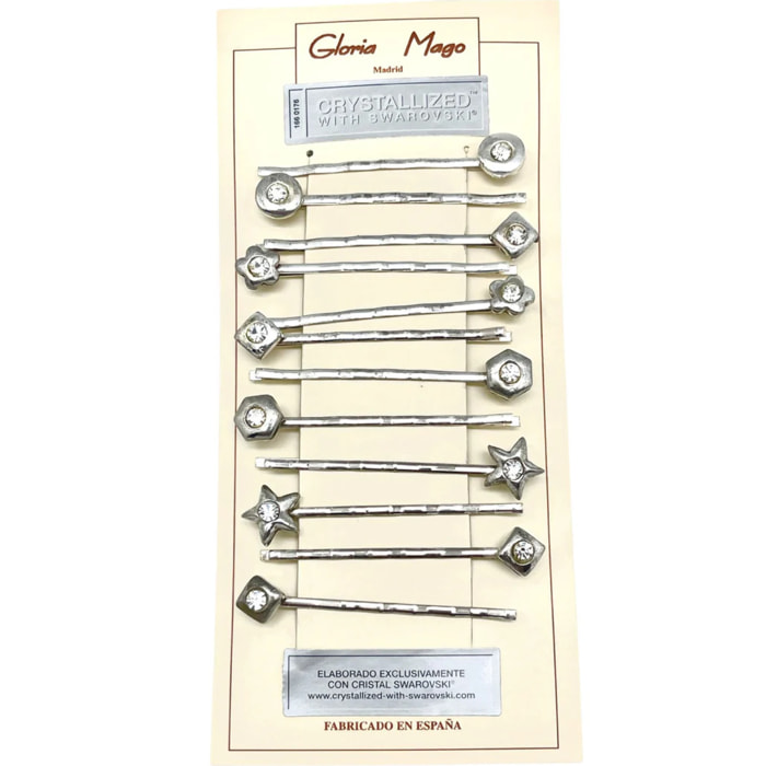 Pack 12 Horquilla surtido figuras en plata 10µ con cristales de SW cristal