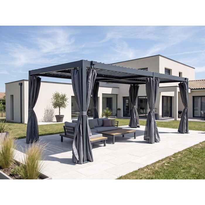 Pergola bioclimatique en aluminium avec rideau et moustiquaire "Kensington" - 3 x 5 m - Gris
