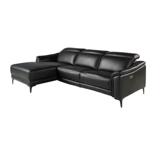 Sofá chaise longue Angel Cerdá relax izquierda de 5 plazas tapizado en piel de origen vacuno en negro con reposacabezas patas de acero inoxidable en negro mate sistema de relax eléctrico 272x168x96cm