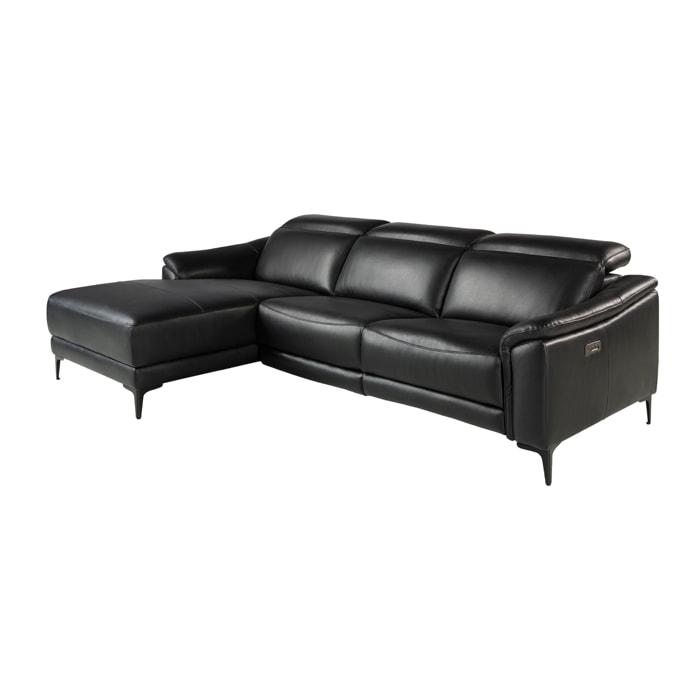 Sofá chaise longue Angel Cerdá relax izquierda de 5 plazas tapizado en piel de origen vacuno en negro con reposacabezas patas de acero inoxidable en negro mate sistema de relax eléctrico 272x168x96cm